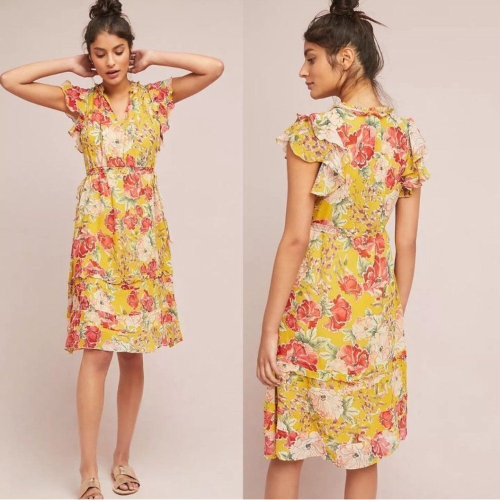 Anthropology 100% Silk Petite XS Floral Yellow Dress